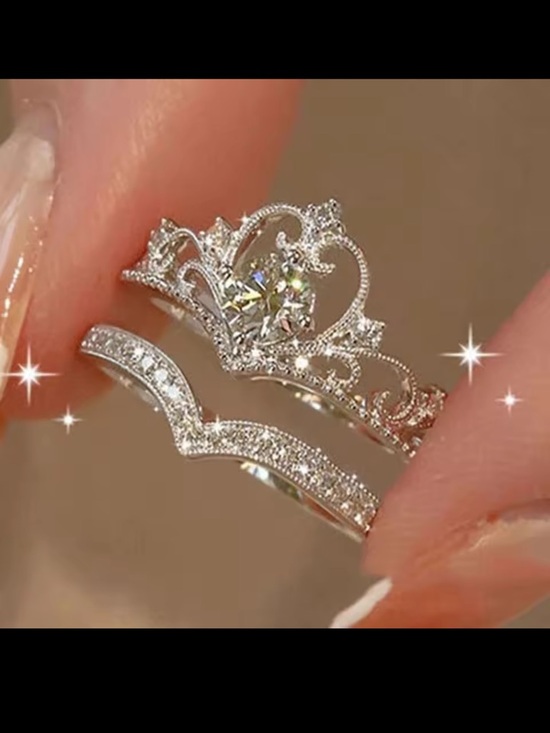 Jewelry - Silver Tiara Stackable Ring Set - Sparkling Crown and Chevron Bands